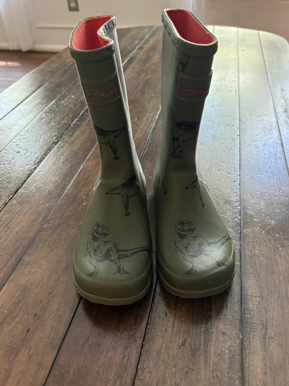 Joules Olive Green Kids Dino Rain Boots with Red Lining size 12c